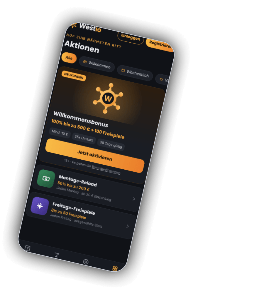 Aktionsseite der Westio App mit der Überschrift Auf zum nächsten Ritt, den Filtern Alle, Willkommen, Wöchentlich und VIP, der Karte Willkommensbonus 100% bis zu 500 Euro plus 100 Freispiele mit dem Knopf Jetzt aktivieren und den Karten Montags-Reload und Freitags-Freispiele